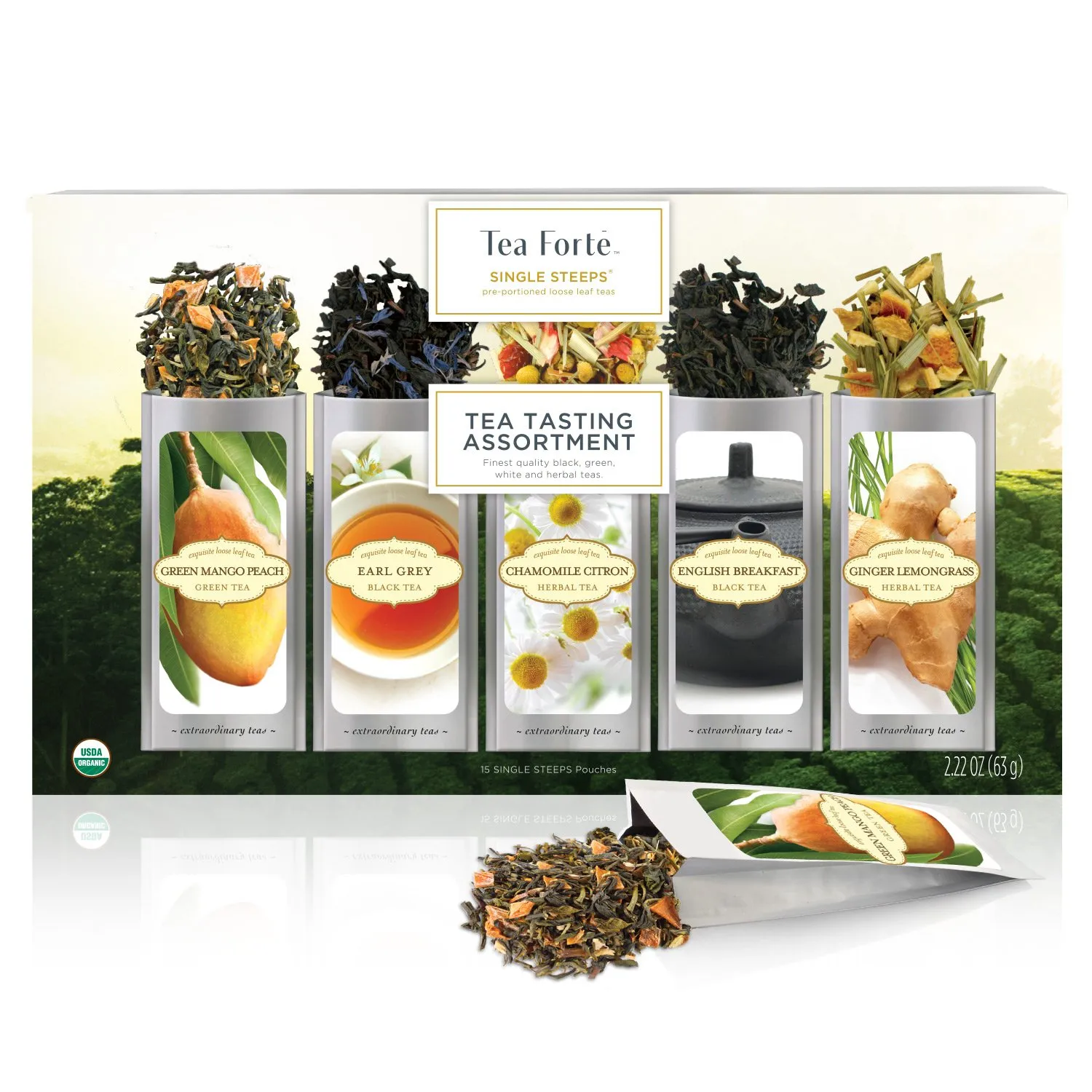 Tea Forte Tea Tasting Assortment Single Steeps Loose Leaf Premium Mother's Day Tea Gift Set Sampler, 15 Count 3 of Each Assorted Blends, Pre-Portioned Single Serve Pouches, Steeps 12 oz
