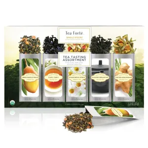 Tea Forte Tea Tasting Assortment Single Steeps Loose Leaf Premium Mother's Day Tea Gift Set Sampler, 15 Count 3 of Each Assorted Blends, Pre-Portioned Single Serve Pouches, Steeps 12 oz