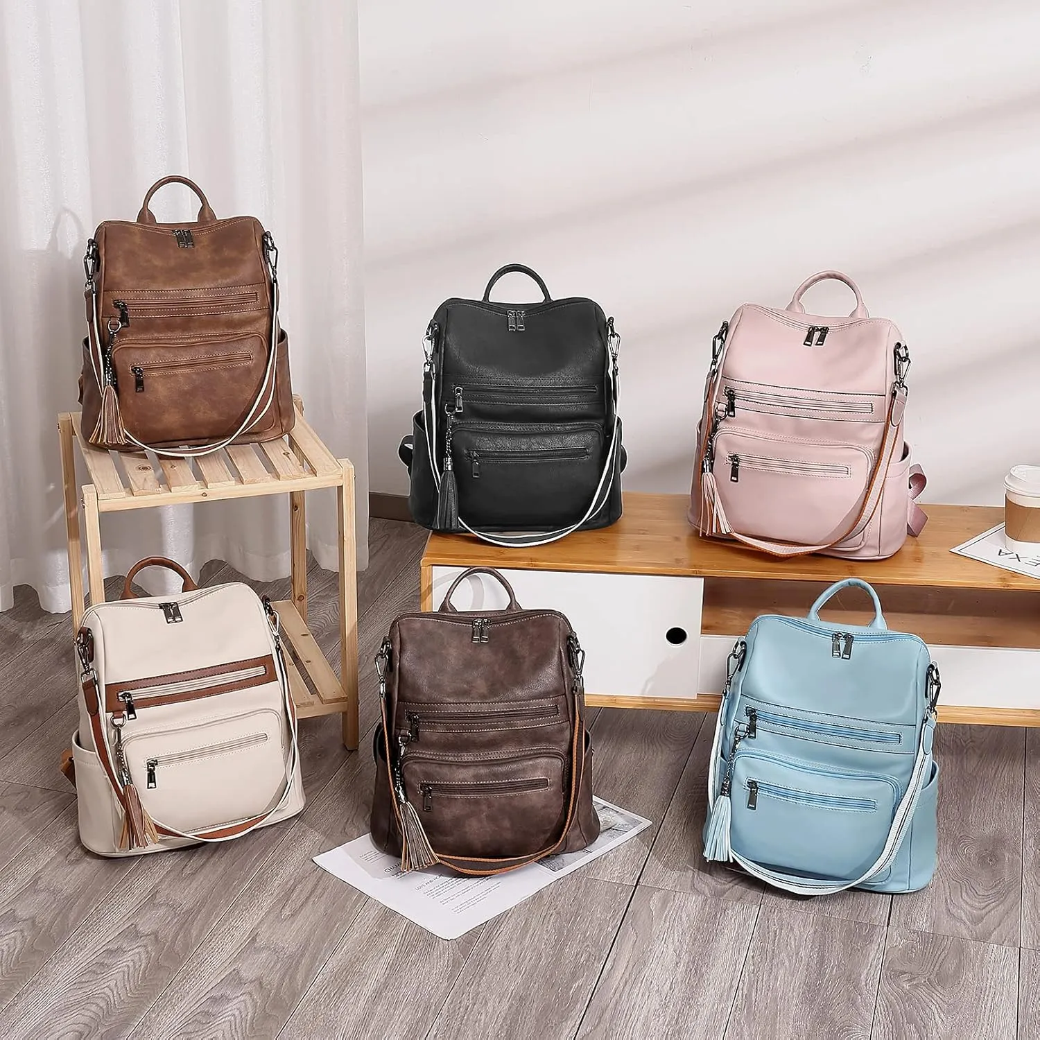 Telena Womens Backpack Purse Vegan Leather Large Travel College Shoulder Bag with Tassel