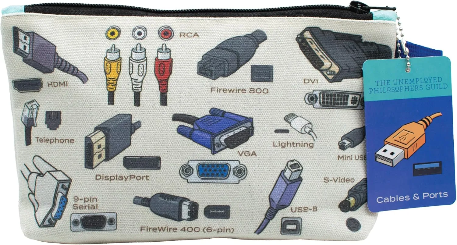 The Unemployed Philosophers Guild Cables and Ports Bag - 9" Canvas Zipper Pouch for Pencils, Tools, Cosmetics, Toiletries and More