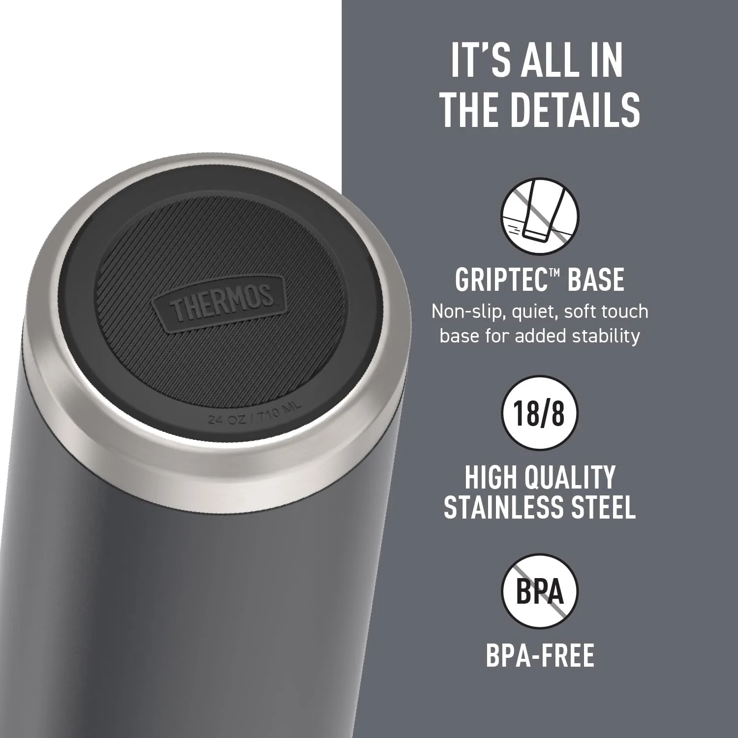 THERMOS ICON SERIES Stainless Steel Water Bottle with Spout - 24 Ounce, Granite - Vacuum Insulated Water Bottle with Lid