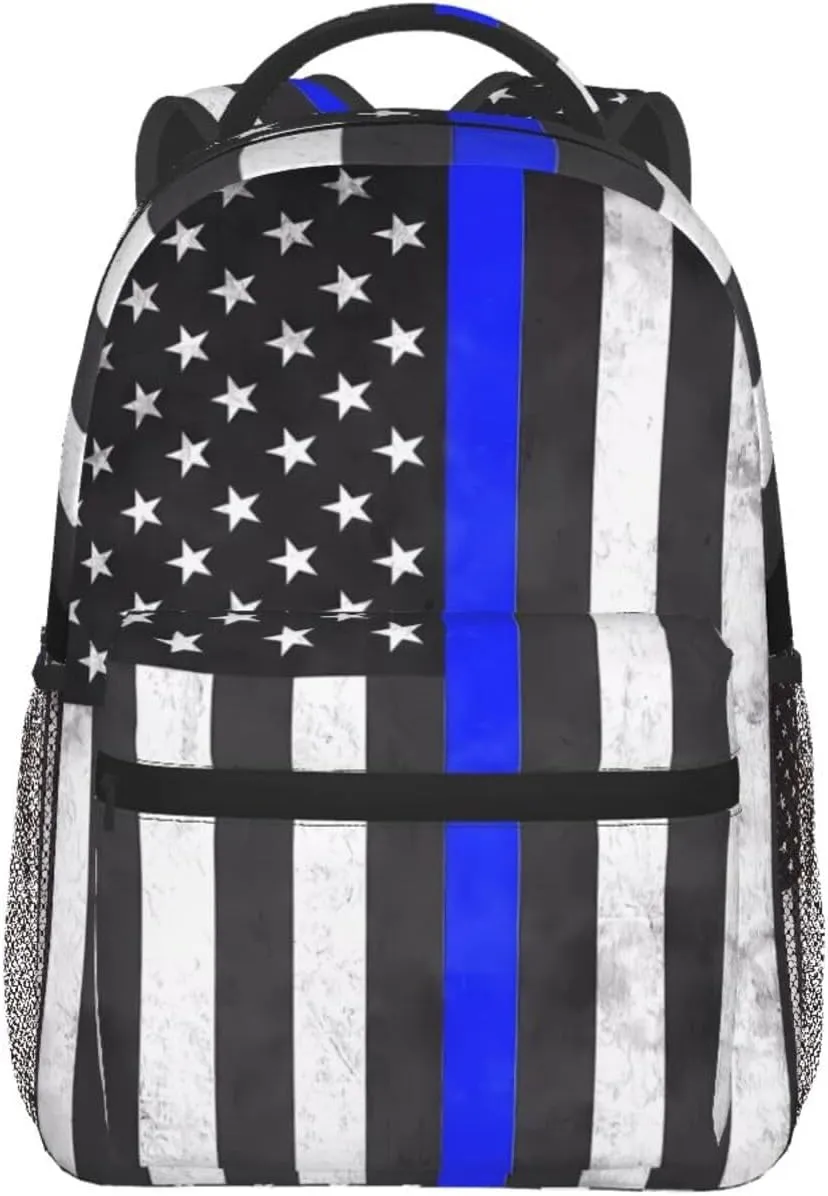Thin Blue Line American Flag Backpack Casual Laptop Backpack Double Shoulder Bag Lightweight Backpack For Women Men Travel