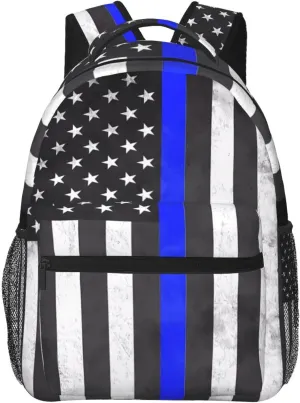Thin Blue Line American Flag Backpack Casual Laptop Backpack Double Shoulder Bag Lightweight Backpack For Women Men Travel