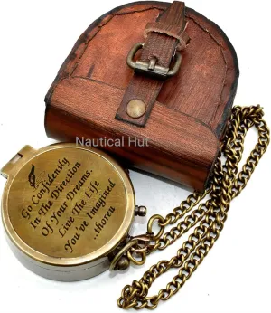 Thoreau's Go Confidently Engraved Solid Brass Nautical Pocket Compass with Leather Case, Brass Compass to Son, Gifts for Men with Famous Poet Quotes, Graduation Day, Birthday, Easter Gift (XI)