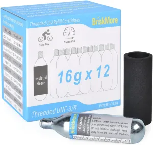 Threaded CO2 Cartridges 16g - for All CO2 Bike Tire Inflators with Threaded Connection - Refill for Bicycle Tires - 12PCS Cartridges, Insulated Sleeve Included,Inflator Valve NOT Included.