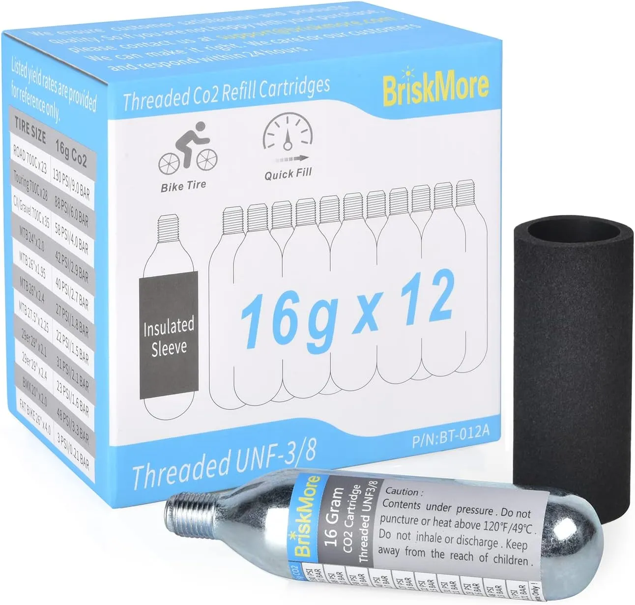 Threaded CO2 Cartridges 16g - for All CO2 Bike Tire Inflators with Threaded Connection - Refill for Bicycle Tires - 12PCS Cartridges, Insulated Sleeve Included,Inflator Valve NOT Included.