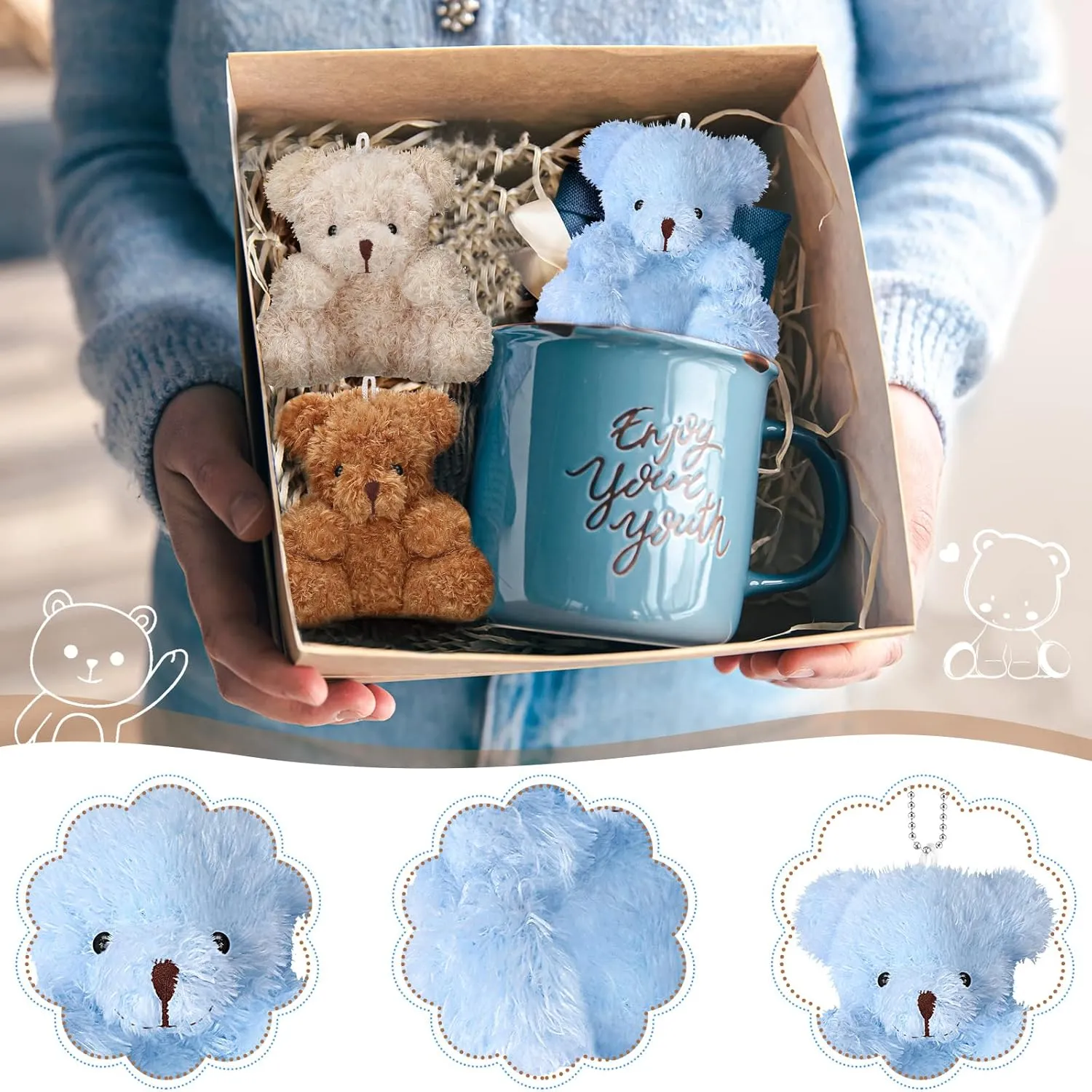 Threan 8 Pcs Mini Plush Bears 4'' Small Bear Bulk Stuffed Animal Toys Tiny Soft Bear Doll Present Stuffers for Keychain Baby Shower Party Favors Supplies(Blue, Brown, Apricot)