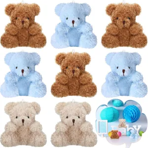 Threan 8 Pcs Mini Plush Bears 4'' Small Bear Bulk Stuffed Animal Toys Tiny Soft Bear Doll Present Stuffers for Keychain Baby Shower Party Favors Supplies(Blue, Brown, Apricot)
