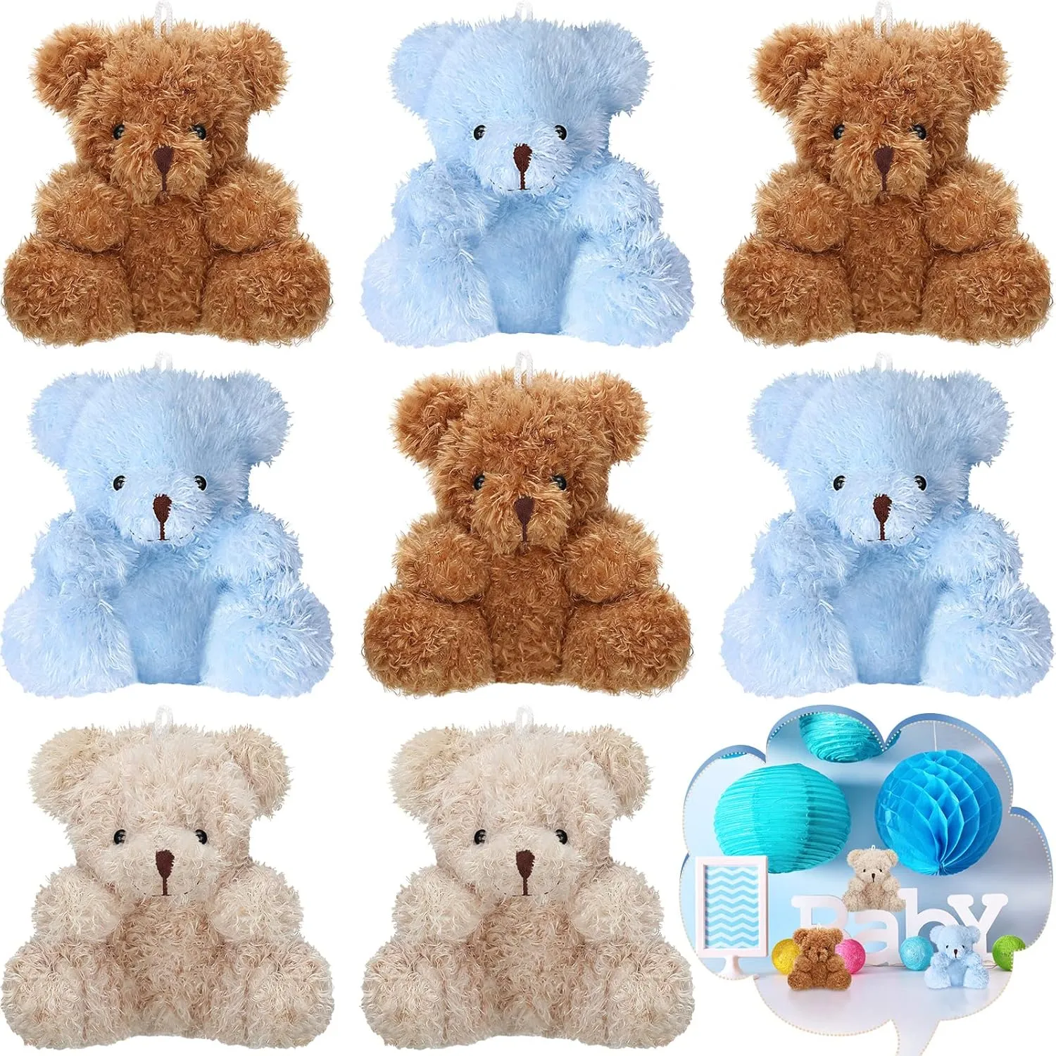 Threan 8 Pcs Mini Plush Bears 4'' Small Bear Bulk Stuffed Animal Toys Tiny Soft Bear Doll Present Stuffers for Keychain Baby Shower Party Favors Supplies(Blue, Brown, Apricot)