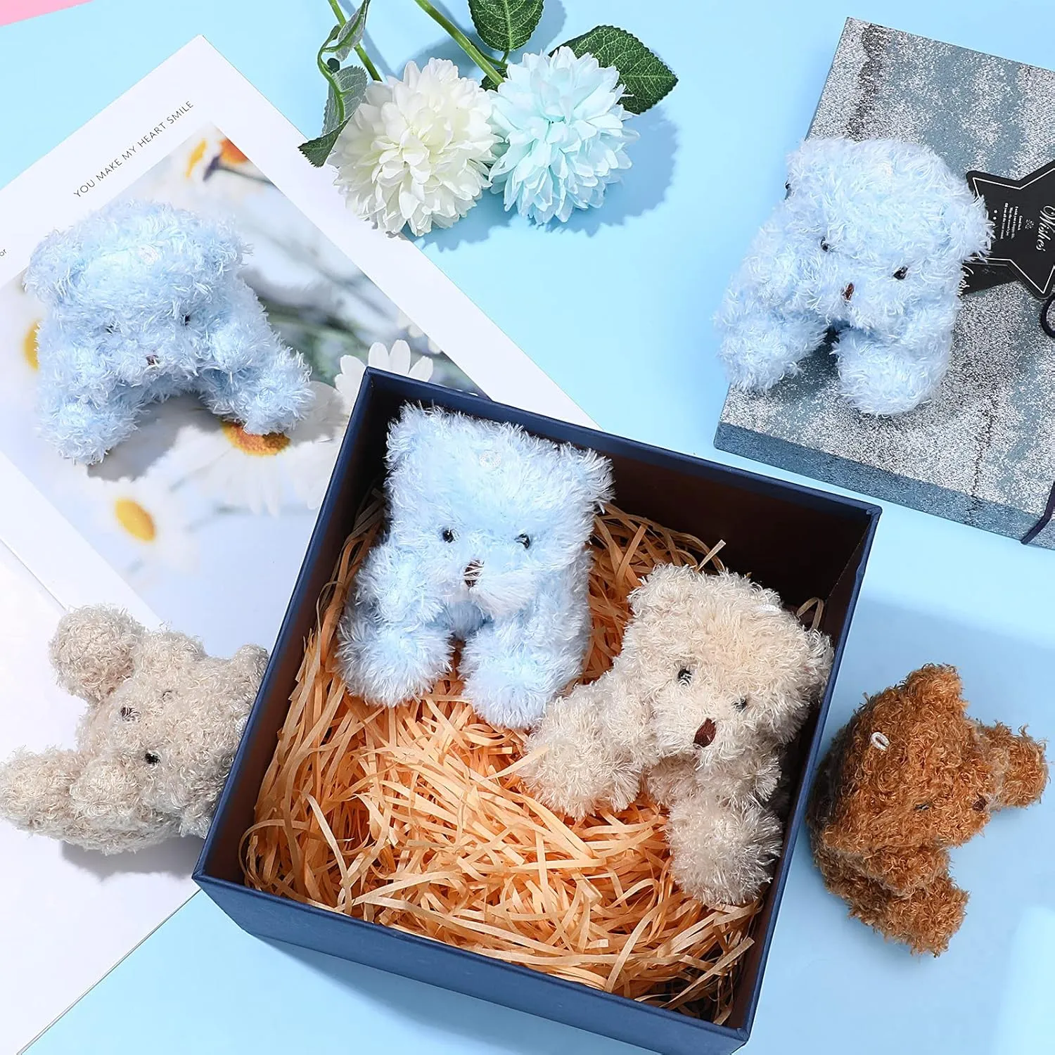 Threan 8 Pcs Mini Plush Bears 4'' Small Bear Bulk Stuffed Animal Toys Tiny Soft Bear Doll Present Stuffers for Keychain Baby Shower Party Favors Supplies(Blue, Brown, Apricot)