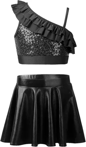 TiaoBug Kids Girls Asymmetrical Straps Sequin Ruffle Crop Top with Metallic Skorts Skirt Latin Jazz Samba Dance Costume