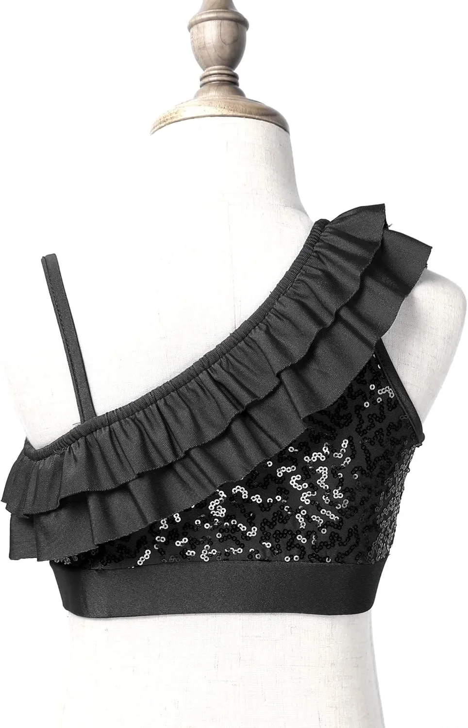 TiaoBug Kids Girls Asymmetrical Straps Sequin Ruffle Crop Top with Metallic Skorts Skirt Latin Jazz Samba Dance Costume
