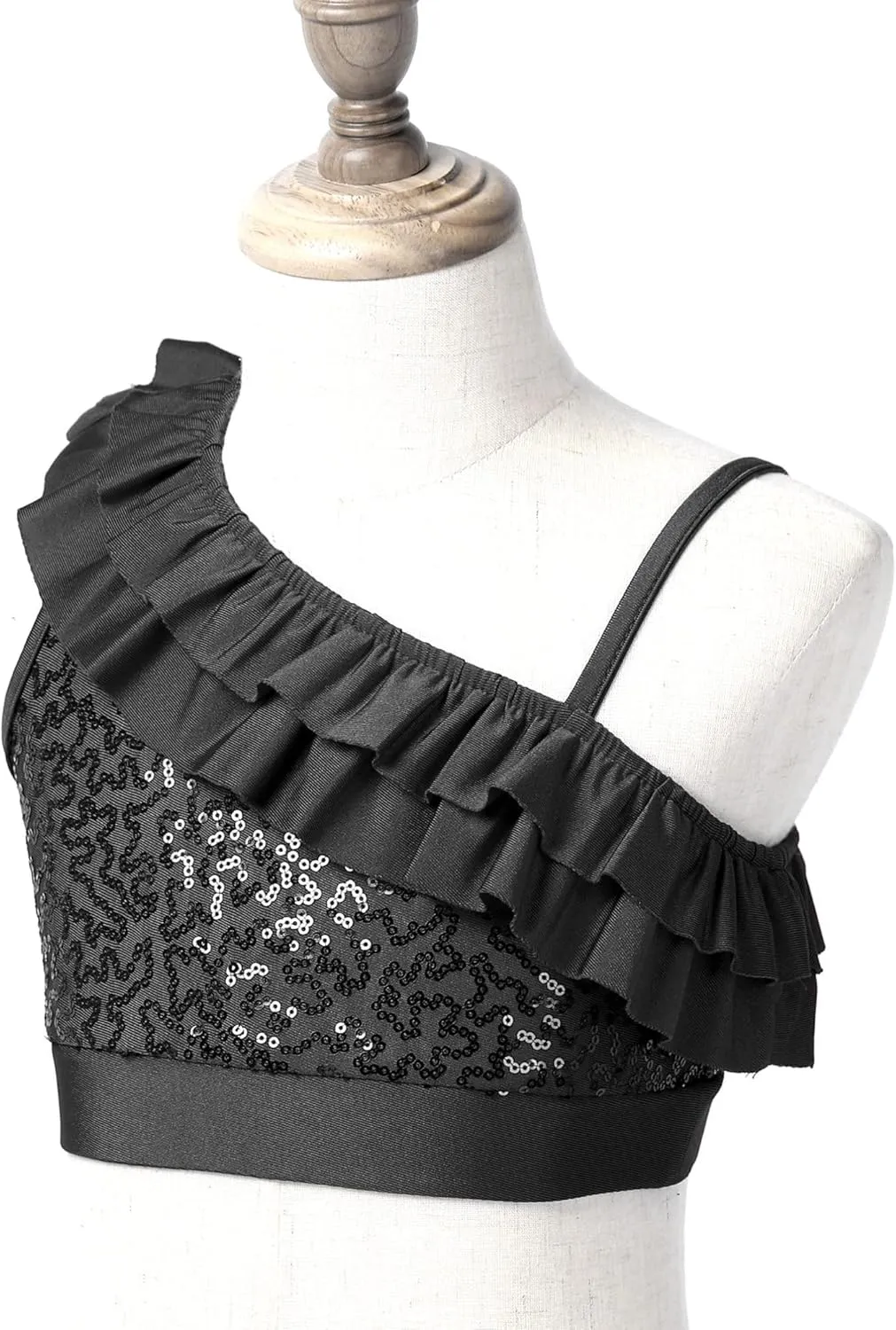 TiaoBug Kids Girls Asymmetrical Straps Sequin Ruffle Crop Top with Metallic Skorts Skirt Latin Jazz Samba Dance Costume