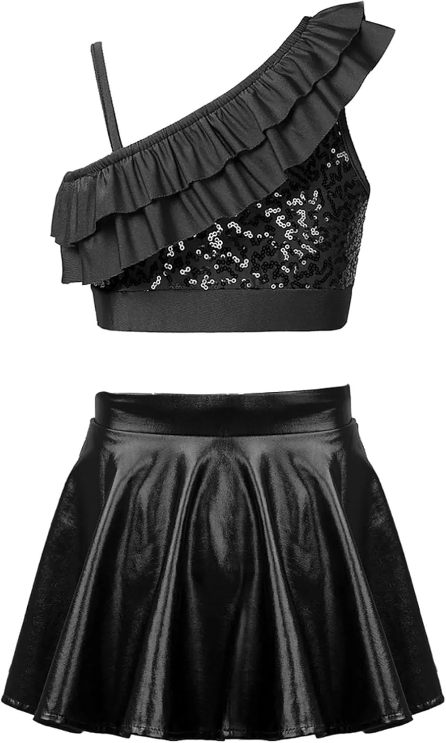 TiaoBug Kids Girls Asymmetrical Straps Sequin Ruffle Crop Top with Metallic Skorts Skirt Latin Jazz Samba Dance Costume