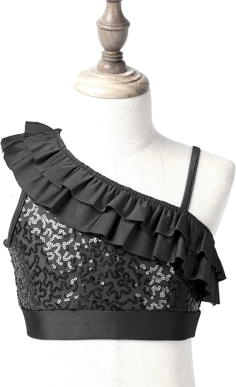 TiaoBug Kids Girls Asymmetrical Straps Sequin Ruffle Crop Top with Metallic Skorts Skirt Latin Jazz Samba Dance Costume