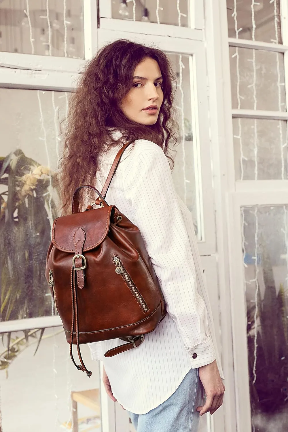 Time Resistance Ladies Leather Backpack - Small Business Casual Fashion Backpack for Women (Brown)