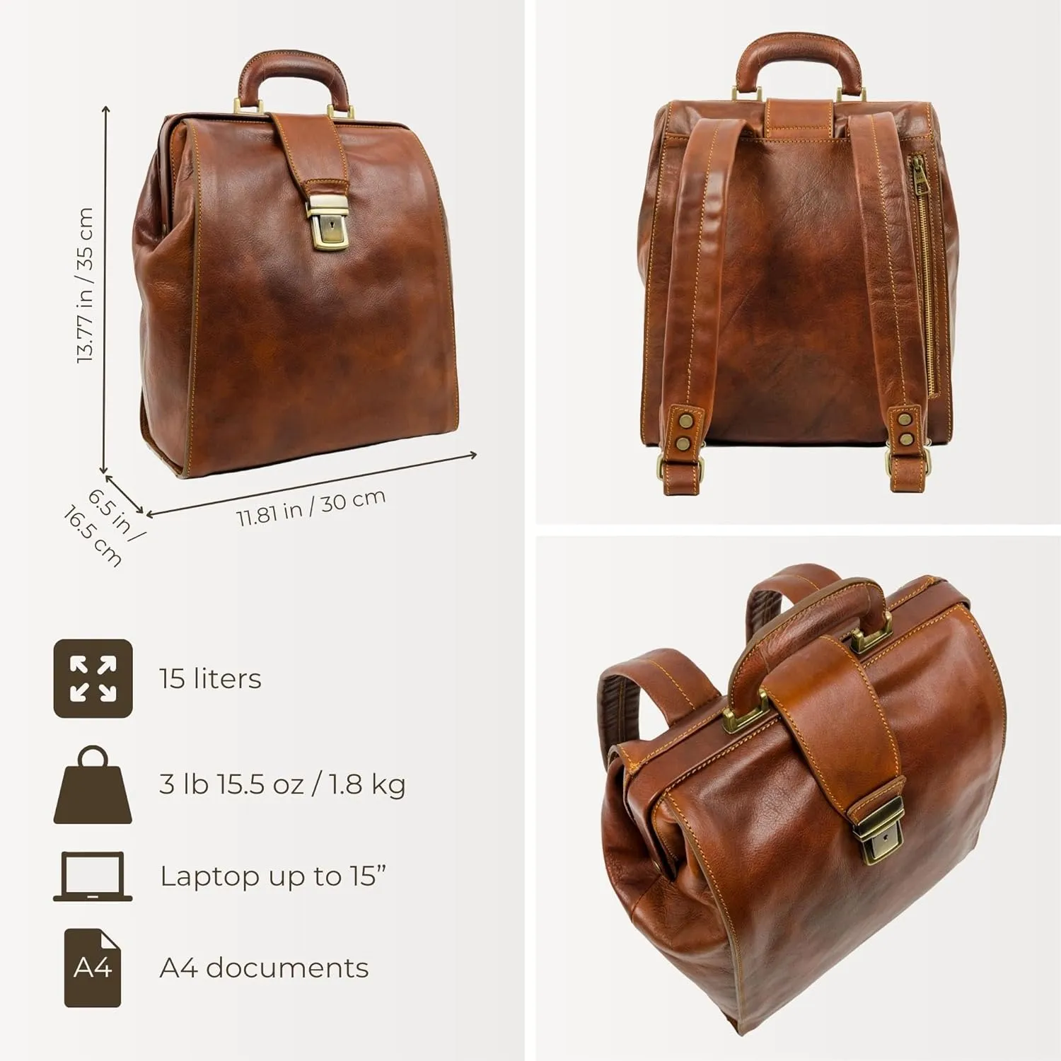 Time Resistance Leather Backpack for Men and Women - Business Rucksack Laptop Bag (Cognac Brown)