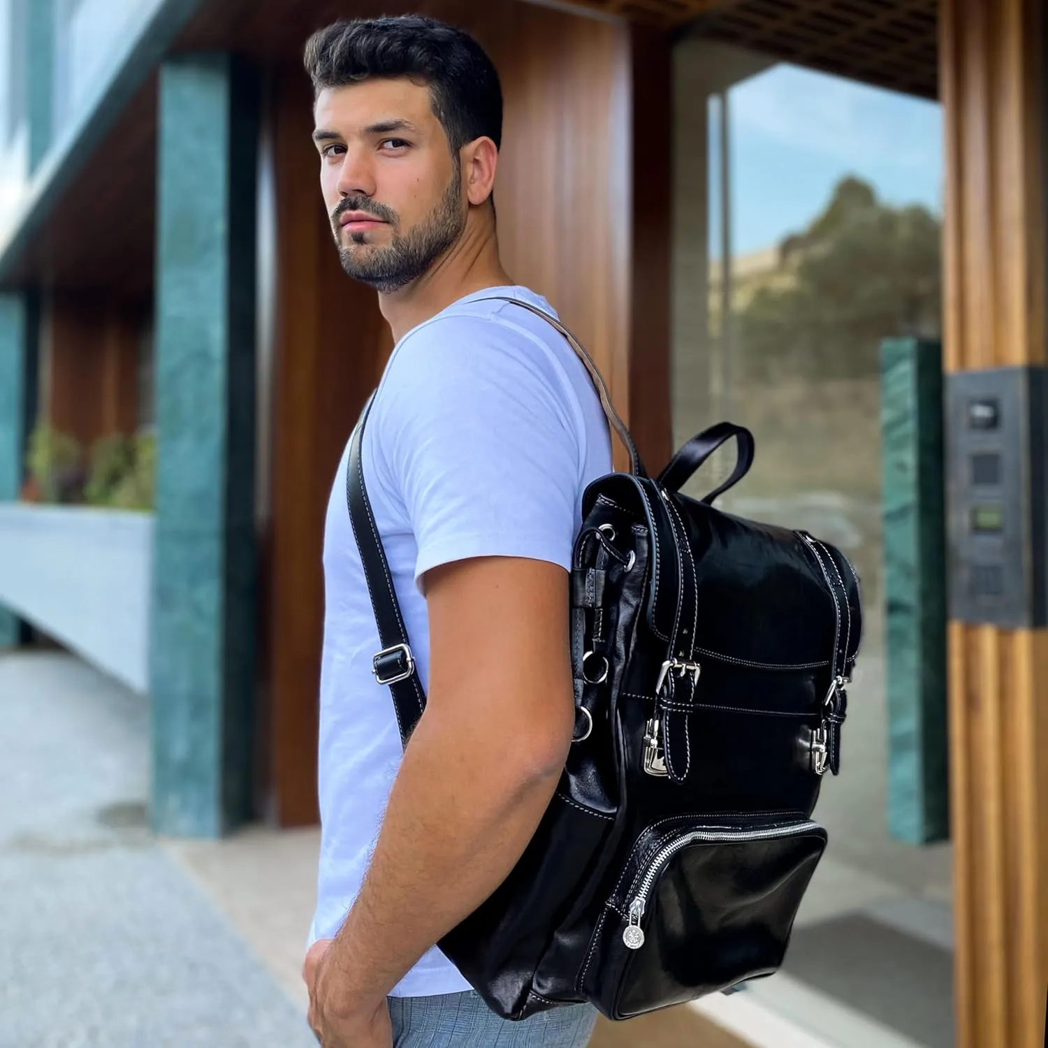 Time Resistance Leather Backpack - Full Grain Real Leather Travel Bag and Carry-On Rucksack (Black)