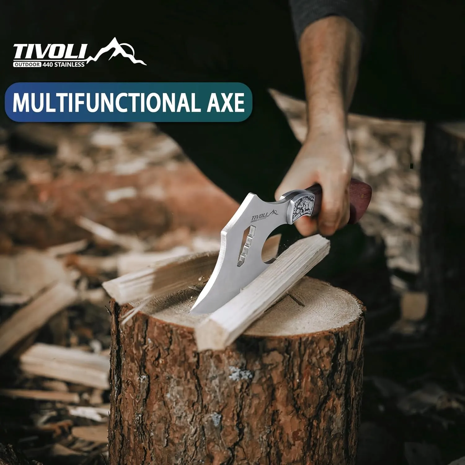 TIVOLI Camping Hatchet Axe With Nylon Sheath, Viking Style With Wood Handle, Portable Survival Tool for Outdoor Activities, Hunting, Gardening - Gift Box Included