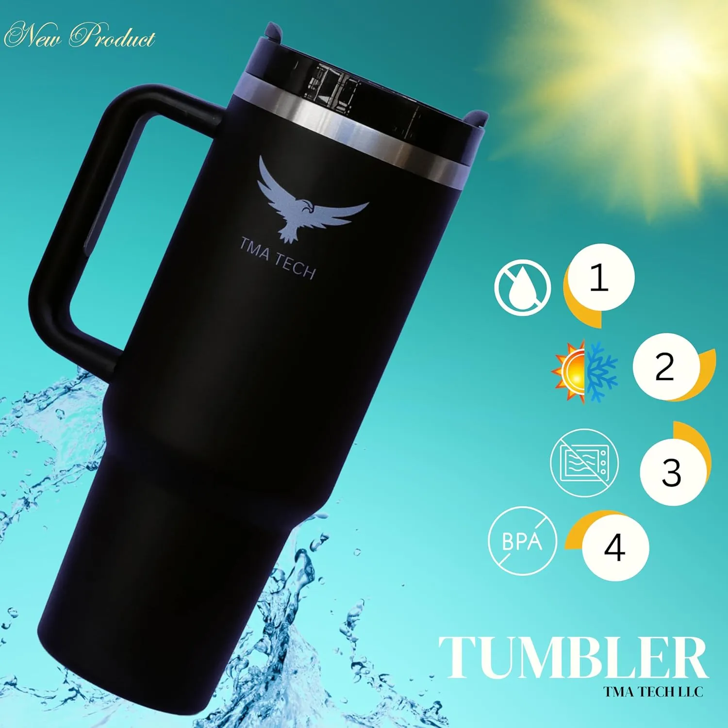 TMA Tech Tumbler Stainless Steel Vacuum Insulated Travel Mug 40oz with Lid and Straw Cap,stanely Cup,2024 New Technology, Unbreakable Mug, Leak-Proof, BPA Free, Hot or Cold Drinks. (Black)
