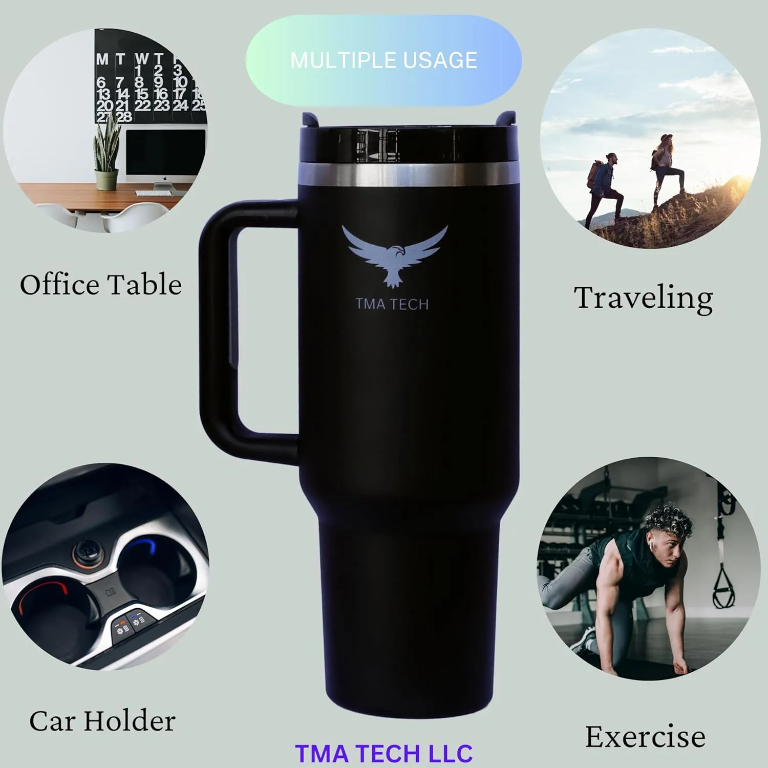 TMA Tech Tumbler Stainless Steel Vacuum Insulated Travel Mug 40oz with Lid and Straw Cap,stanely Cup,2024 New Technology, Unbreakable Mug, Leak-Proof, BPA Free, Hot or Cold Drinks. (Black)