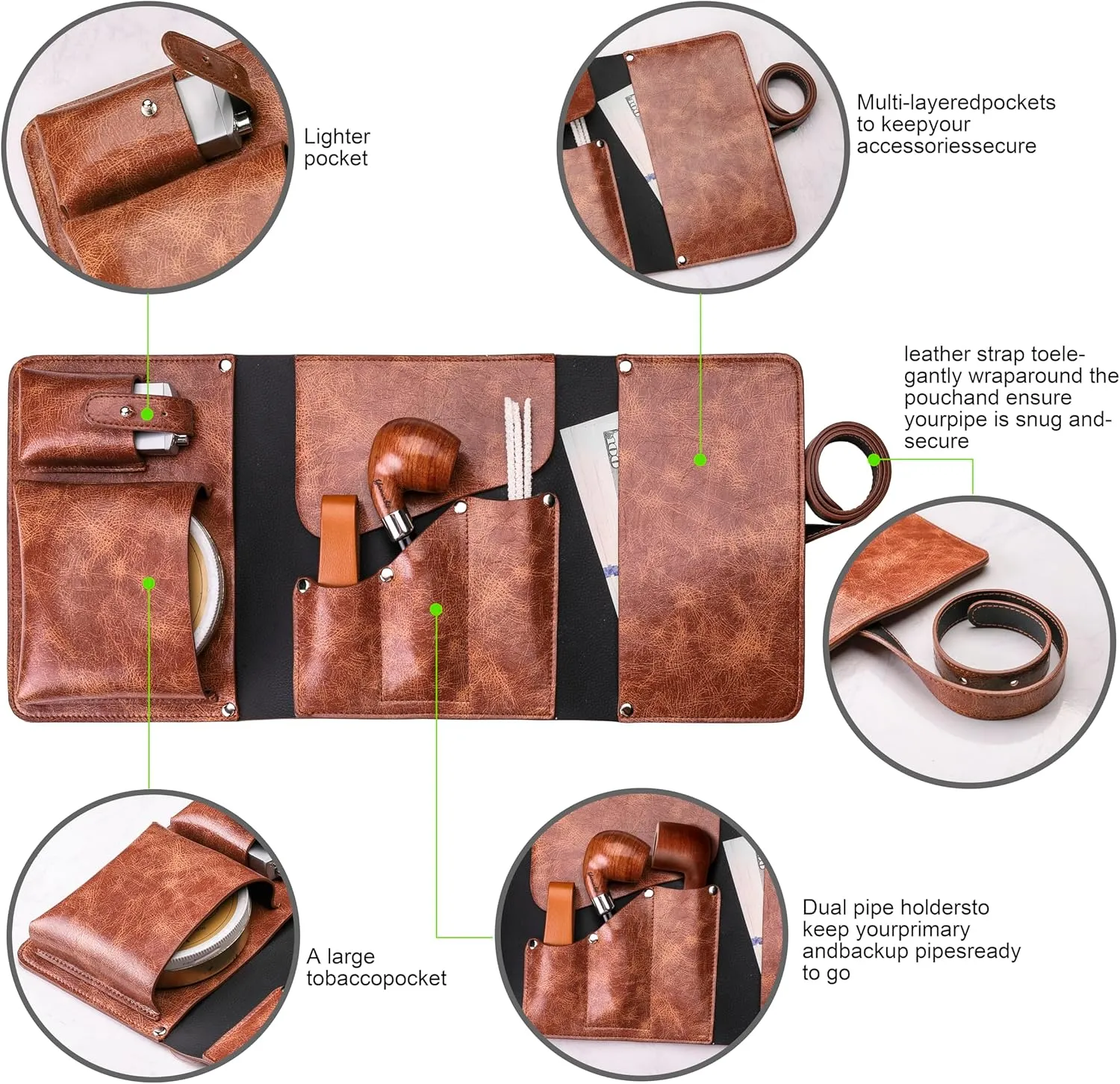 Tobacco Pipe Pouch Bag Organize Case 2 Pipe Tool Holder with Leather Pipe Stand