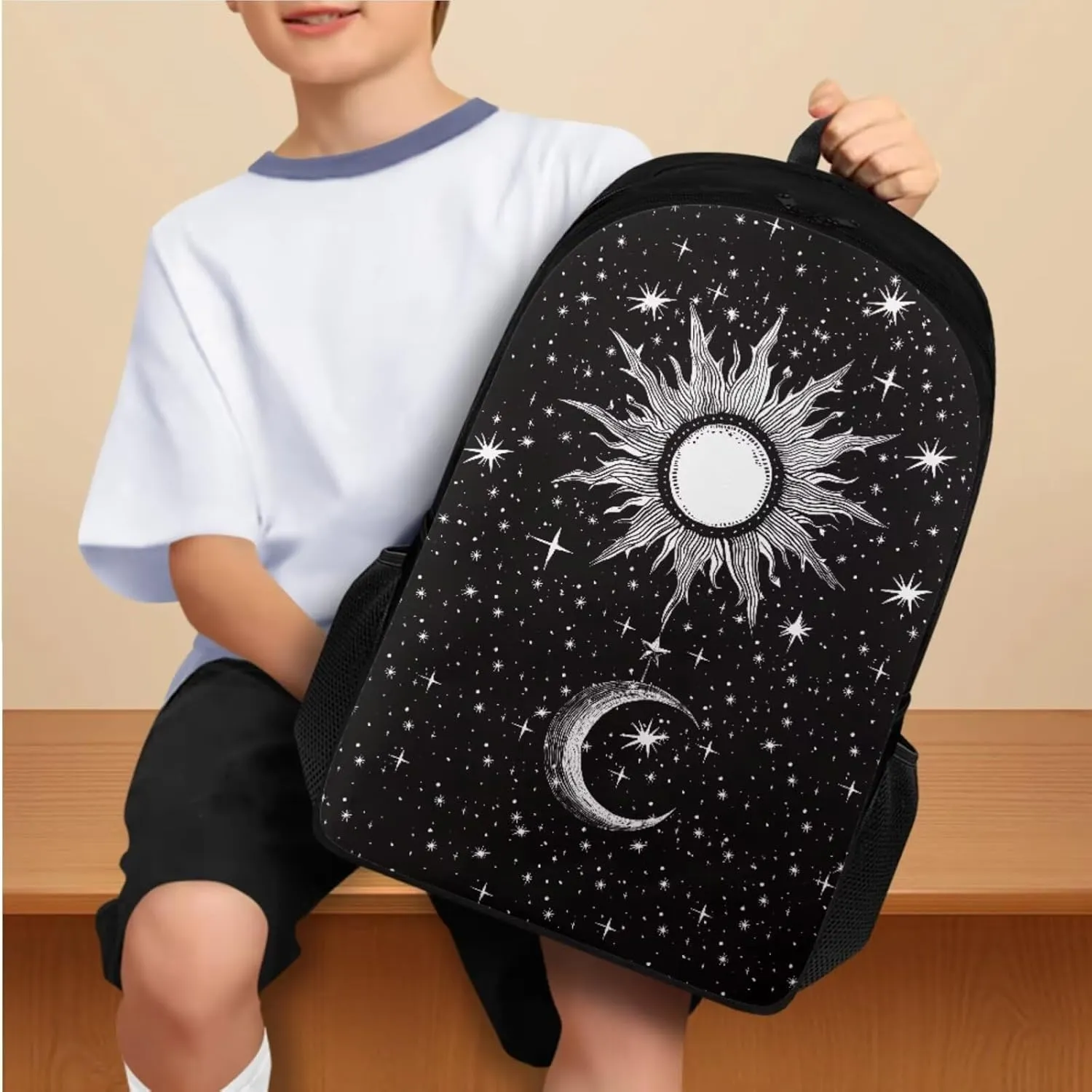 TODIYADDU 4PCS Black Moon Sun Backpack for Girls Trendy School Backpack Sets with Lunch Box Pencil Case 2Pcs Bookmark Lightweight Bookbag 4 in 1 Set for Teens Elementary Middle School Students-