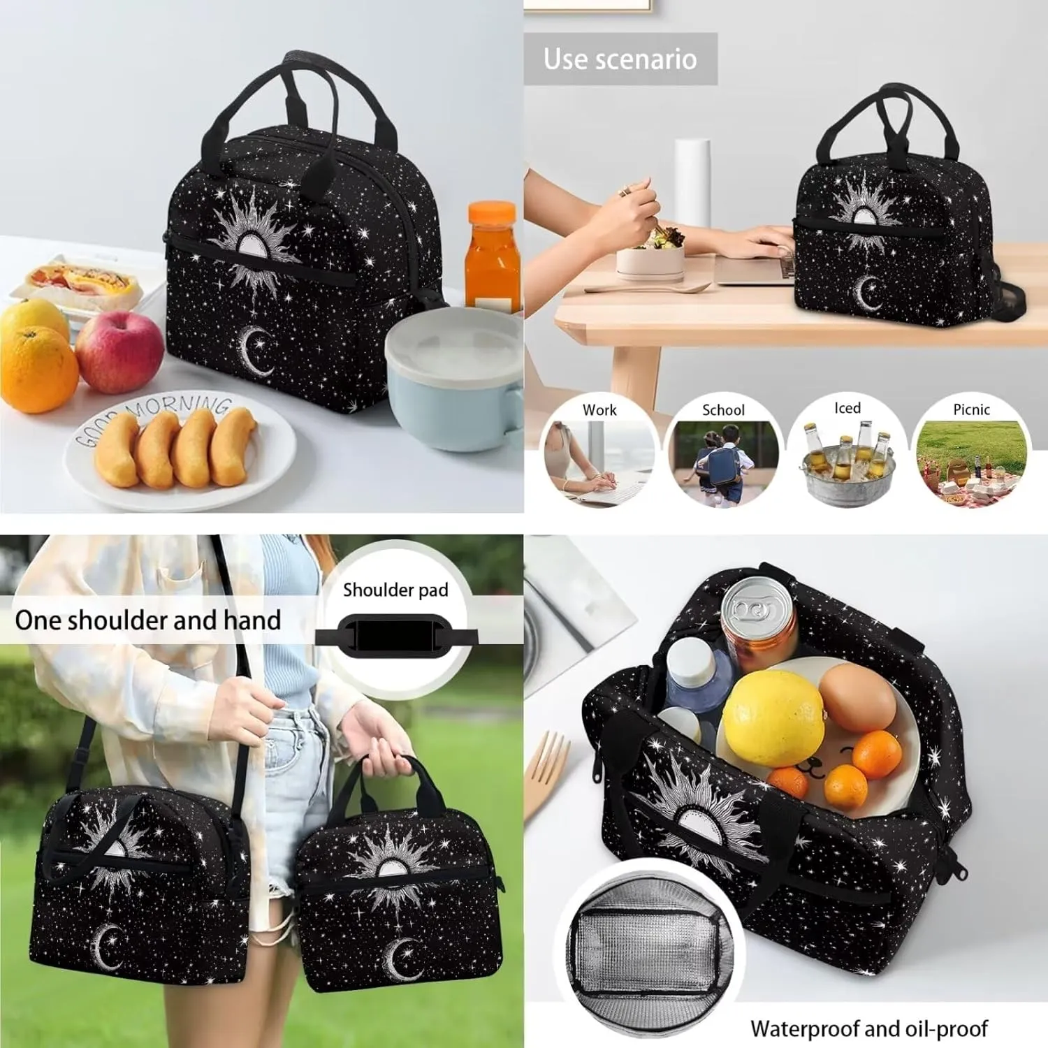 TODIYADDU 4PCS Black Moon Sun Backpack for Girls Trendy School Backpack Sets with Lunch Box Pencil Case 2Pcs Bookmark Lightweight Bookbag 4 in 1 Set for Teens Elementary Middle School Students-