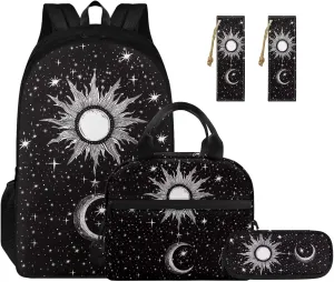 TODIYADDU 4PCS Black Moon Sun Backpack for Girls Trendy School Backpack Sets with Lunch Box Pencil Case 2Pcs Bookmark Lightweight Bookbag 4 in 1 Set for Teens Elementary Middle School Students-