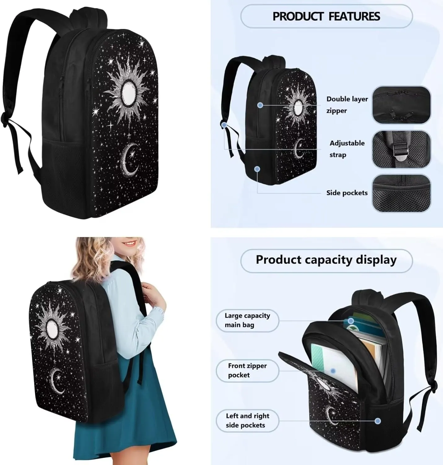 TODIYADDU 4PCS Black Moon Sun Backpack for Girls Trendy School Backpack Sets with Lunch Box Pencil Case 2Pcs Bookmark Lightweight Bookbag 4 in 1 Set for Teens Elementary Middle School Students-
