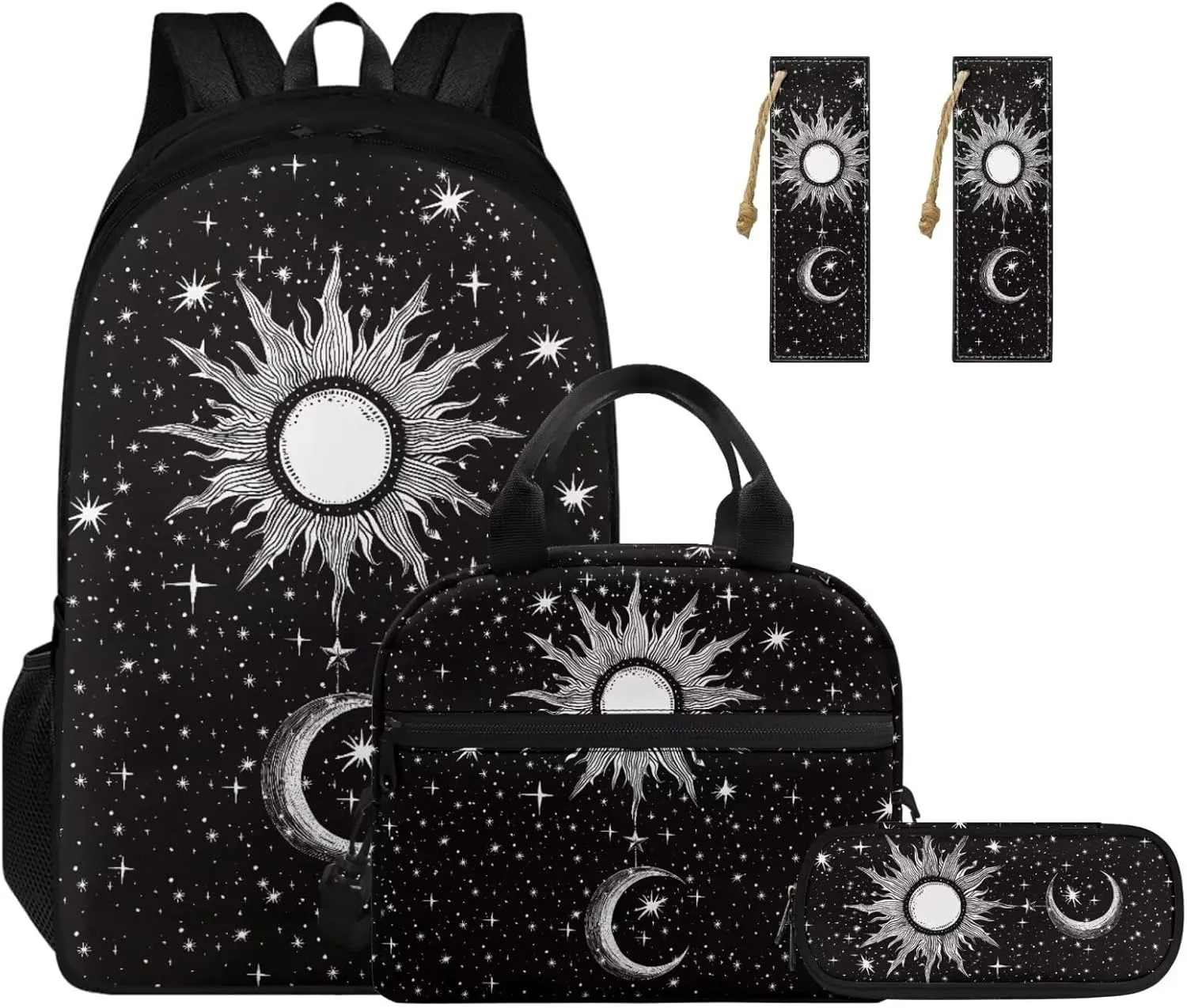 TODIYADDU 4PCS Black Moon Sun Backpack for Girls Trendy School Backpack Sets with Lunch Box Pencil Case 2Pcs Bookmark Lightweight Bookbag 4 in 1 Set for Teens Elementary Middle School Students-