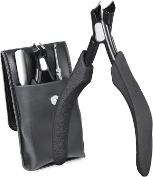 Toenail Clippers for Ingrown & Thick Nails - 3 Piece Long Handle Kit with Soft Silicone Grip, Stainless Steel Nail Cleaner & File, Portable Leather Case - Ergonomic Design for Seniors