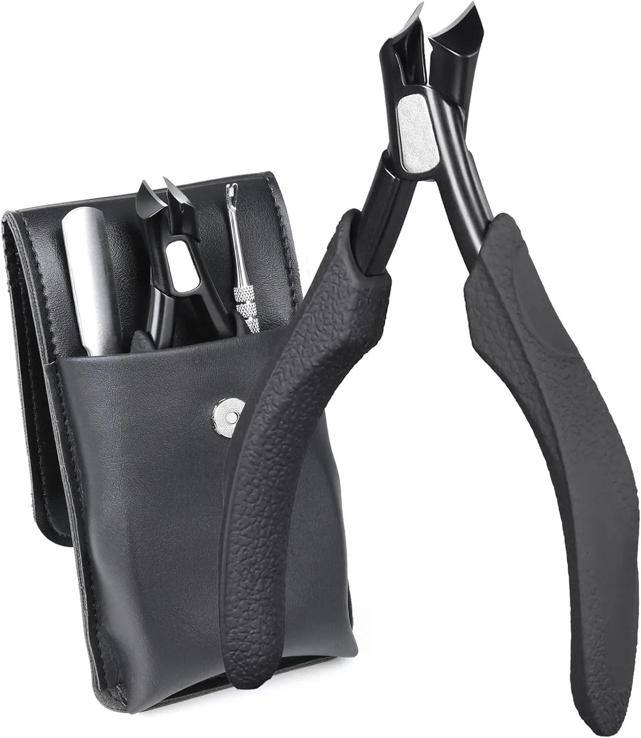 Toenail Clippers for Ingrown & Thick Nails - 3 Piece Long Handle Kit with Soft Silicone Grip, Stainless Steel Nail Cleaner & File, Portable Leather Case - Ergonomic Design for Seniors