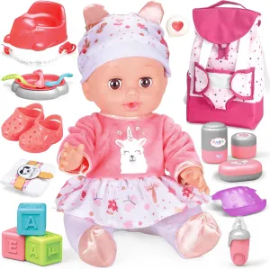 Toy Choi's Baby Doll with Baby Backpack Care PlaySet, 14'' Dolls with Accessories Includes Feeding Set, Pretend Play Toddler Toys for 3 4 5  Years Old Girls Kids