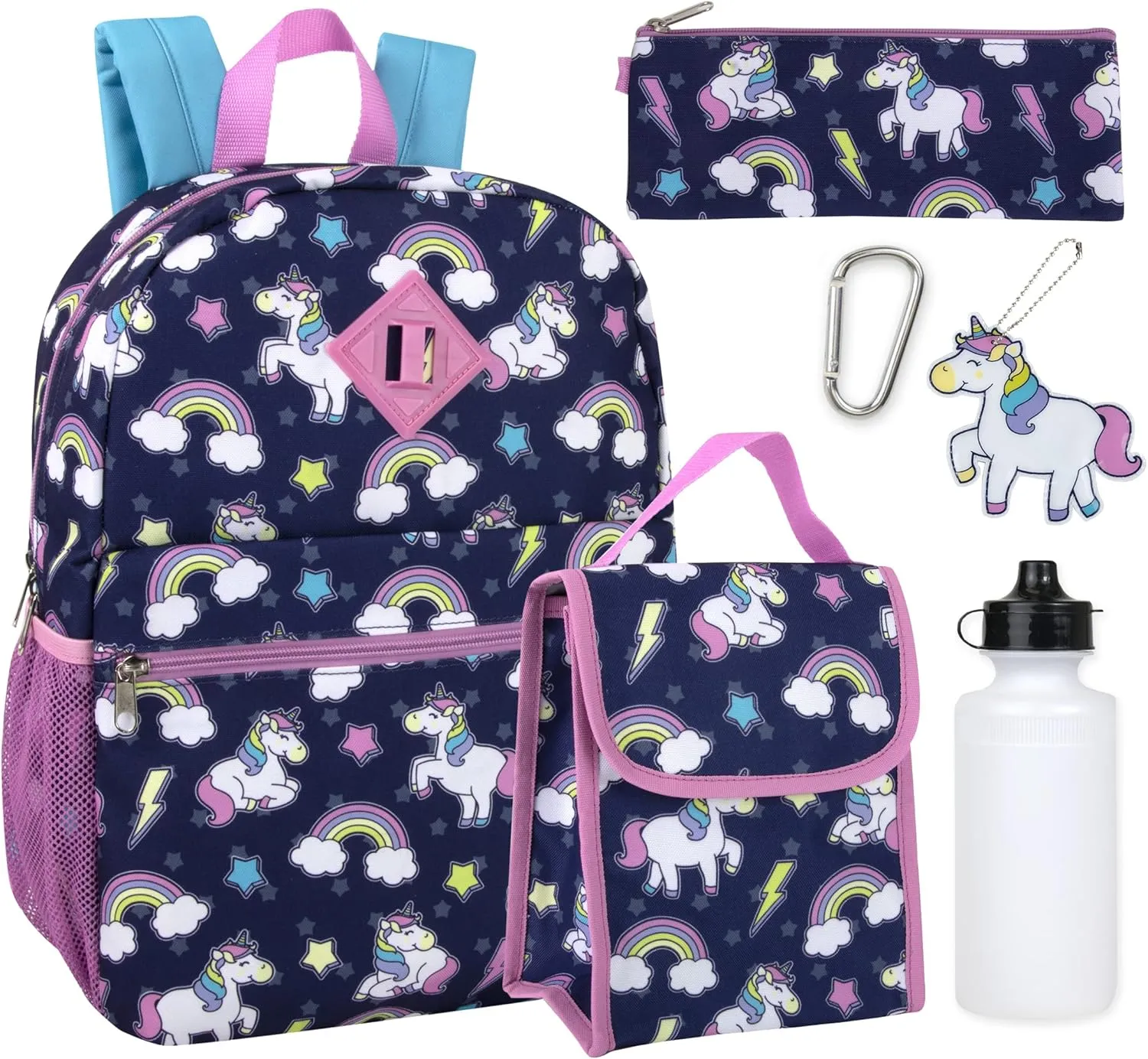 Trail maker Girls 6 in 1 Backpack and Lunch Box Set for School with Pencil Case, Water Bottle, Keychain Attached for Kids