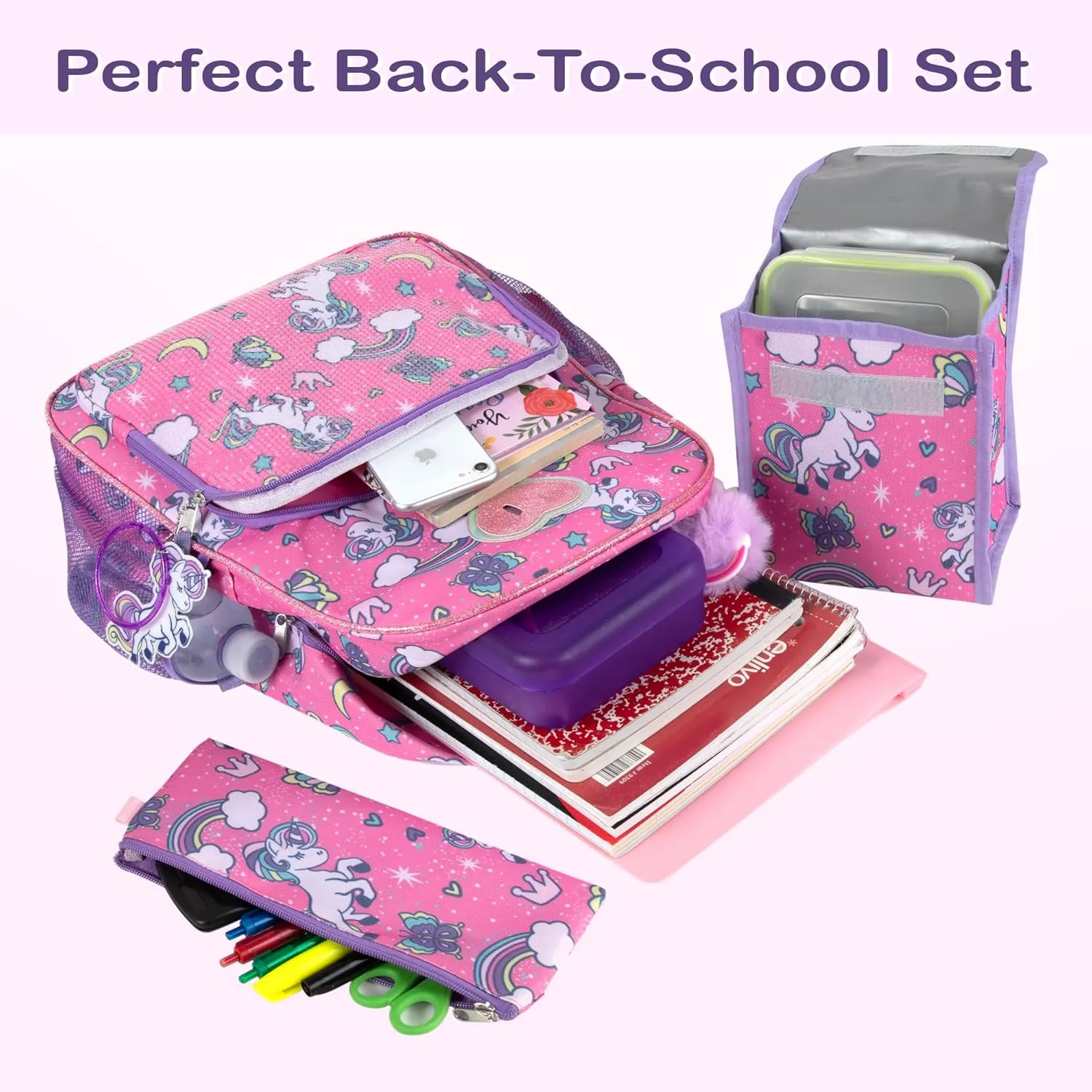Trail maker Girls 6 in 1 Backpack and Lunch Box Set for School with Pencil Case, Water Bottle, Keychain Attached for Kids