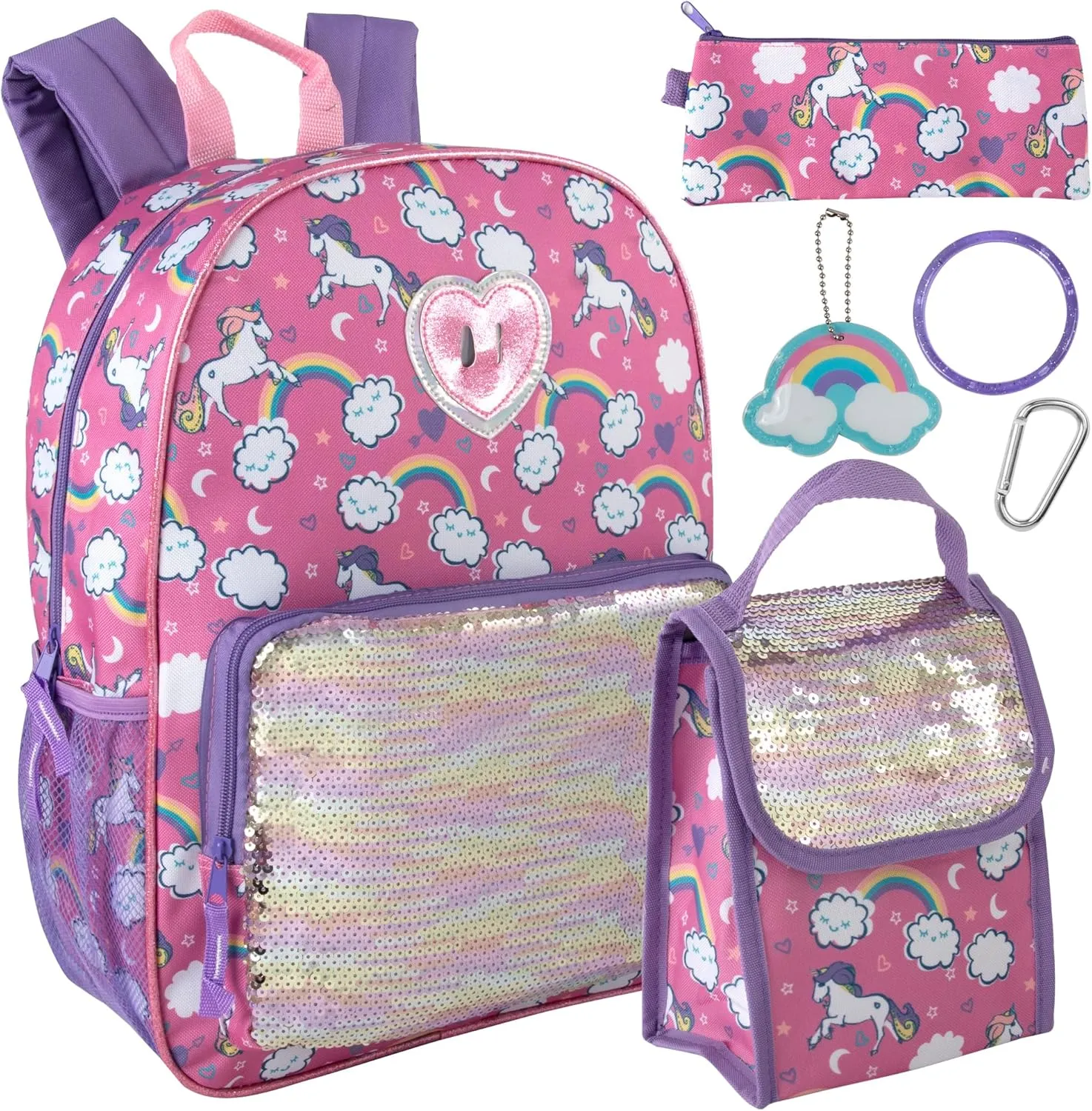 Trail maker Girls 6 in 1 Backpack and Lunch Box Set for School with Pencil Case, Water Bottle, Keychain Attached for Kids