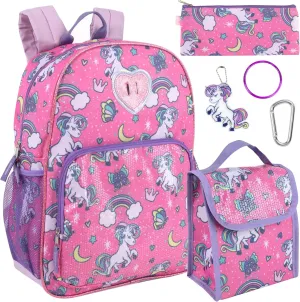 Trail maker Girls 6 in 1 Backpack and Lunch Box Set for School with Pencil Case, Water Bottle, Keychain Attached for Kids
