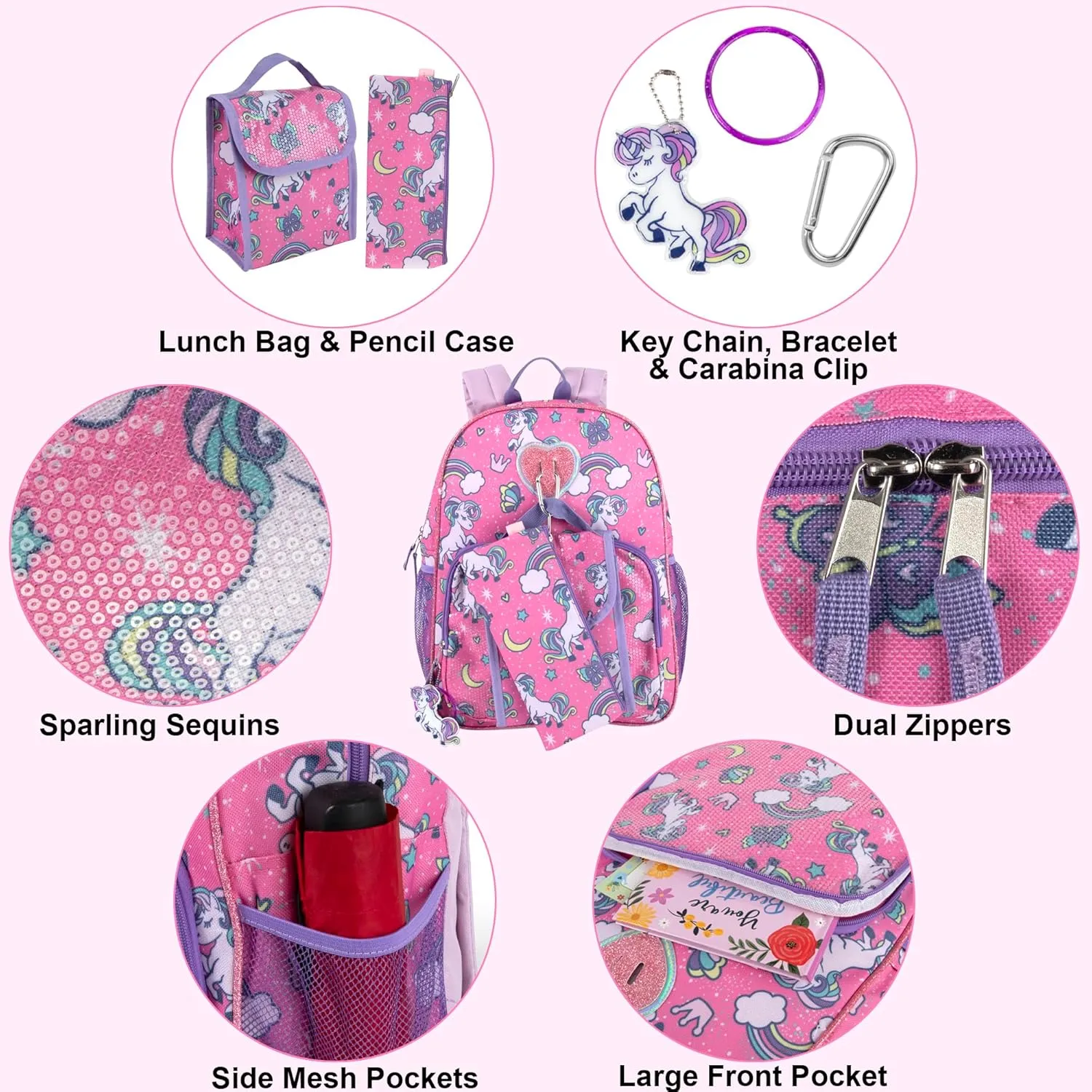 Trail maker Girls 6 in 1 Backpack and Lunch Box Set for School with Pencil Case, Water Bottle, Keychain Attached for Kids