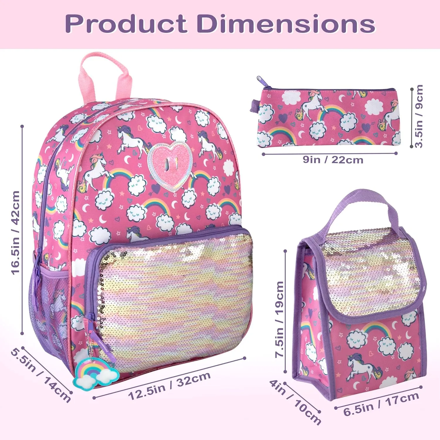 Trail maker Girls 6 in 1 Backpack and Lunch Box Set for School with Pencil Case, Water Bottle, Keychain Attached for Kids