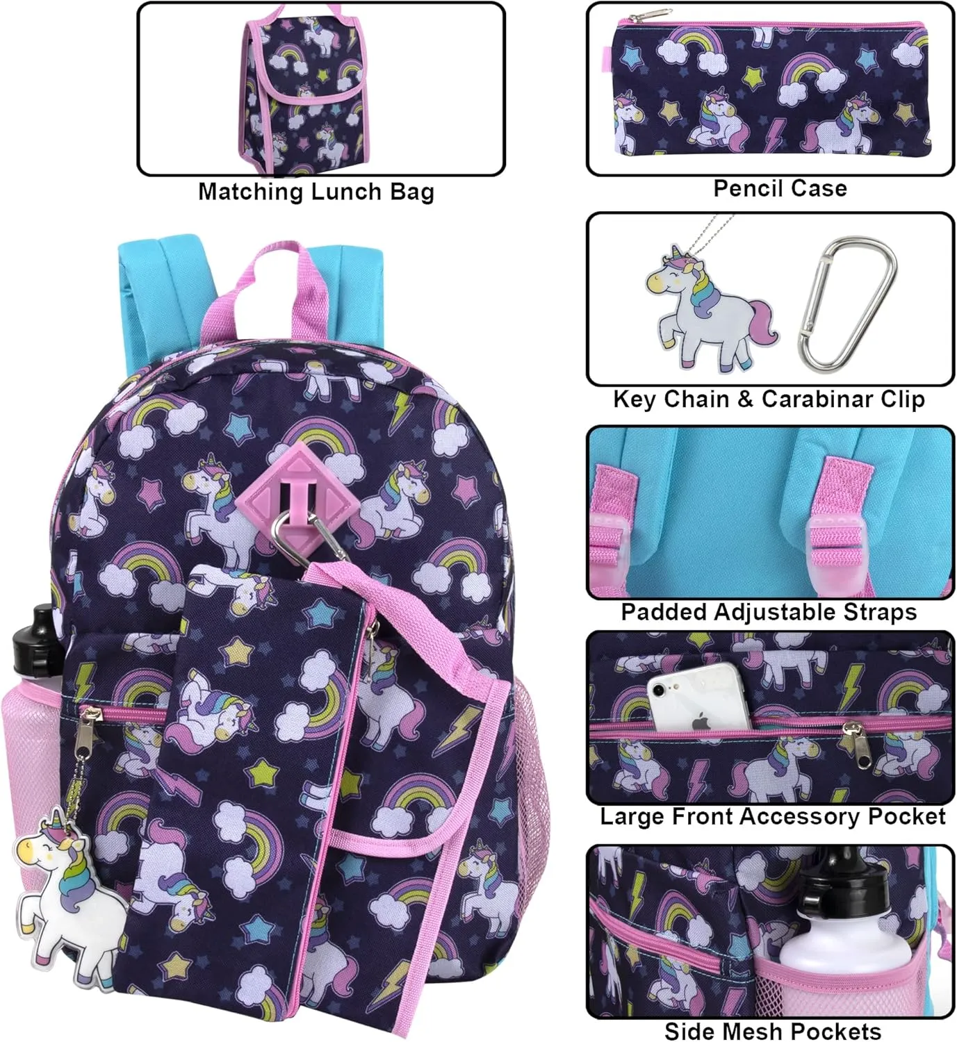 Trail maker Girls 6 in 1 Backpack and Lunch Box Set for School with Pencil Case, Water Bottle, Keychain Attached for Kids