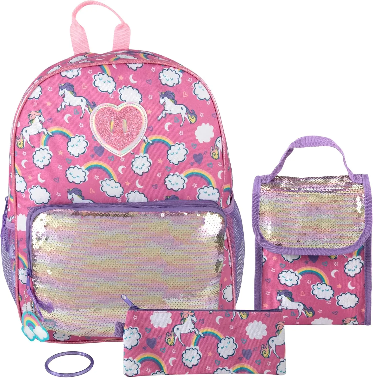 Trail maker Girls 6 in 1 Backpack and Lunch Box Set for School with Pencil Case, Water Bottle, Keychain Attached for Kids