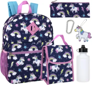 Trail maker Girls 6 in 1 Backpack and Lunch Box Set for School with Pencil Case, Water Bottle, Keychain Attached for Kids