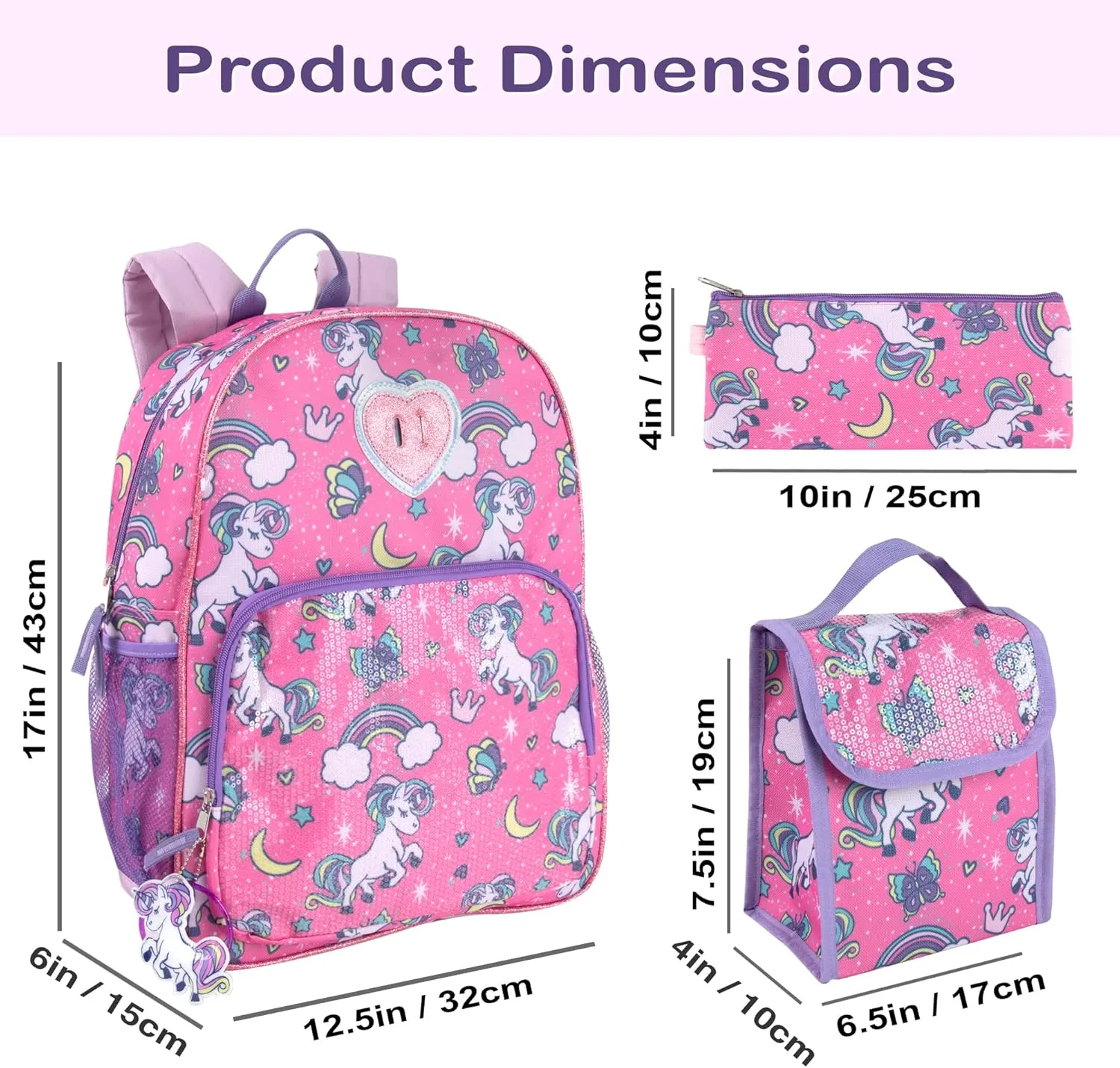 Trail maker Girls 6 in 1 Backpack and Lunch Box Set for School with Pencil Case, Water Bottle, Keychain Attached for Kids