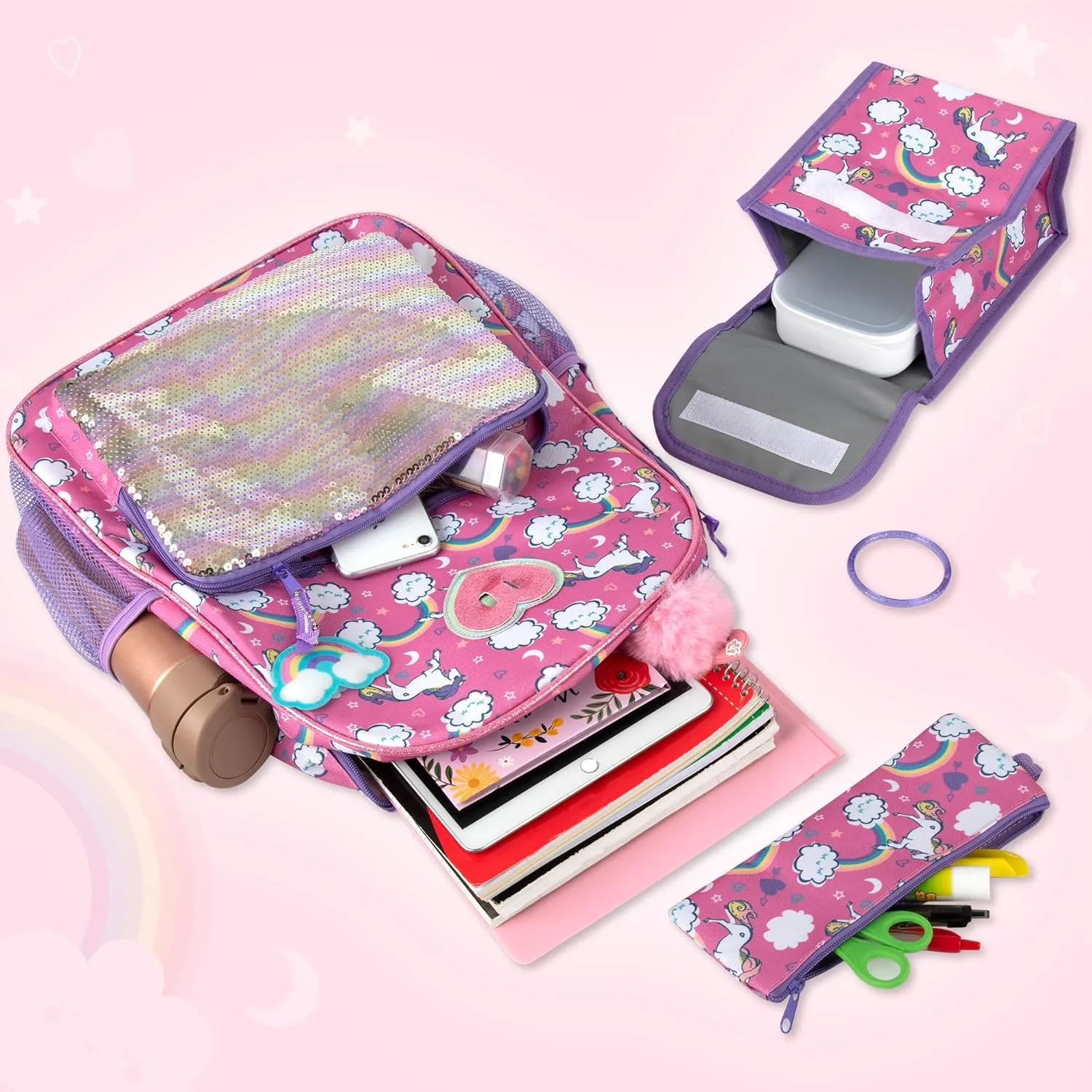 Trail maker Girls 6 in 1 Backpack and Lunch Box Set for School with Pencil Case, Water Bottle, Keychain Attached for Kids