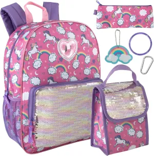 Trail maker Girls 6 in 1 Backpack and Lunch Box Set for School with Pencil Case, Water Bottle, Keychain Attached for Kids