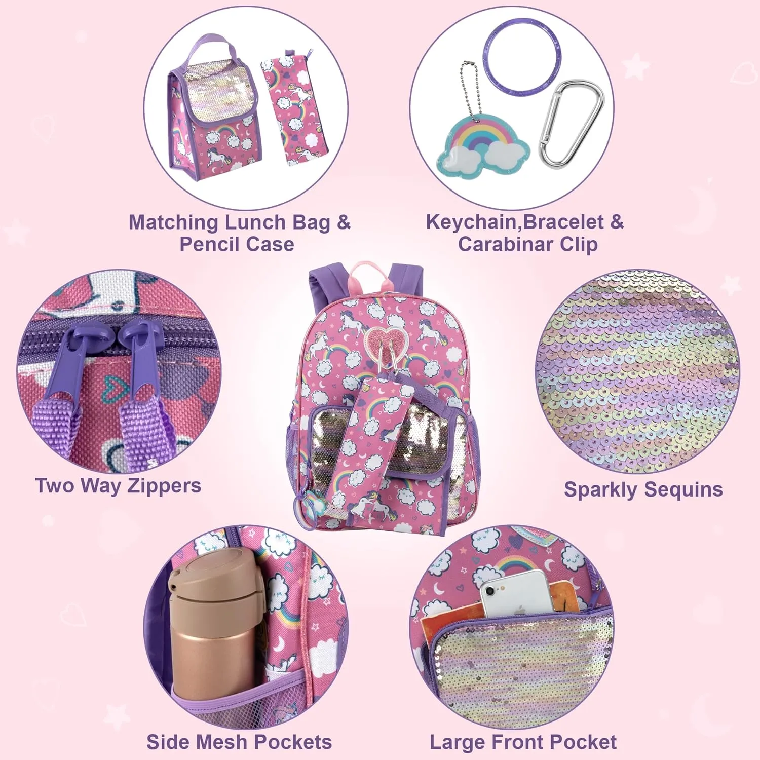 Trail maker Girls 6 in 1 Backpack and Lunch Box Set for School with Pencil Case, Water Bottle, Keychain Attached for Kids