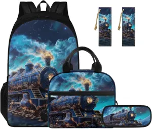 Train Bookbags for 5th Grade Girls Boys Backpack with Lunch Bag Pencil Case and Bookmark Cool School Bag for Elementary School or Kindergarten Students Back to School or Travel