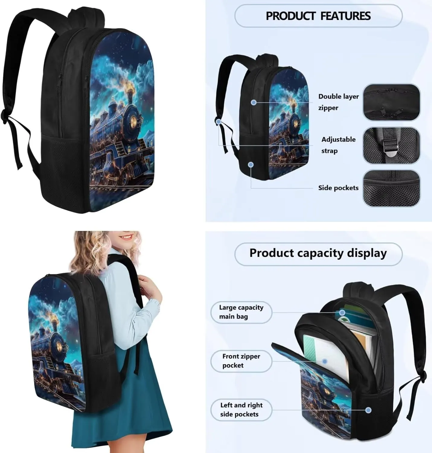 Train Bookbags for 5th Grade Girls Boys Backpack with Lunch Bag Pencil Case and Bookmark Cool School Bag for Elementary School or Kindergarten Students Back to School or Travel