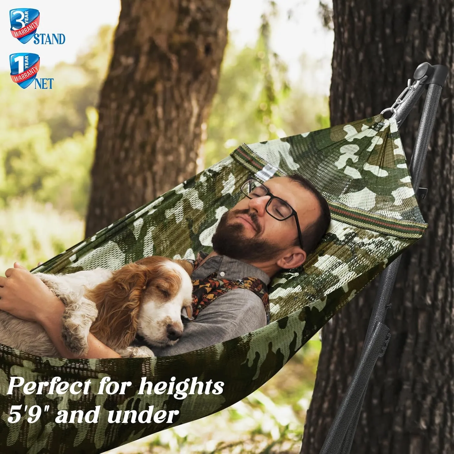 Tranquillo Uniki 550 lbs Capacity Hammock 3-Year Warranty Hammock Stand, Revolutionary 30s Folding Camping Hammock With Stand, Portable Hammock for Indoor Outdoor, Instant Setup No Screws Needed, Camo